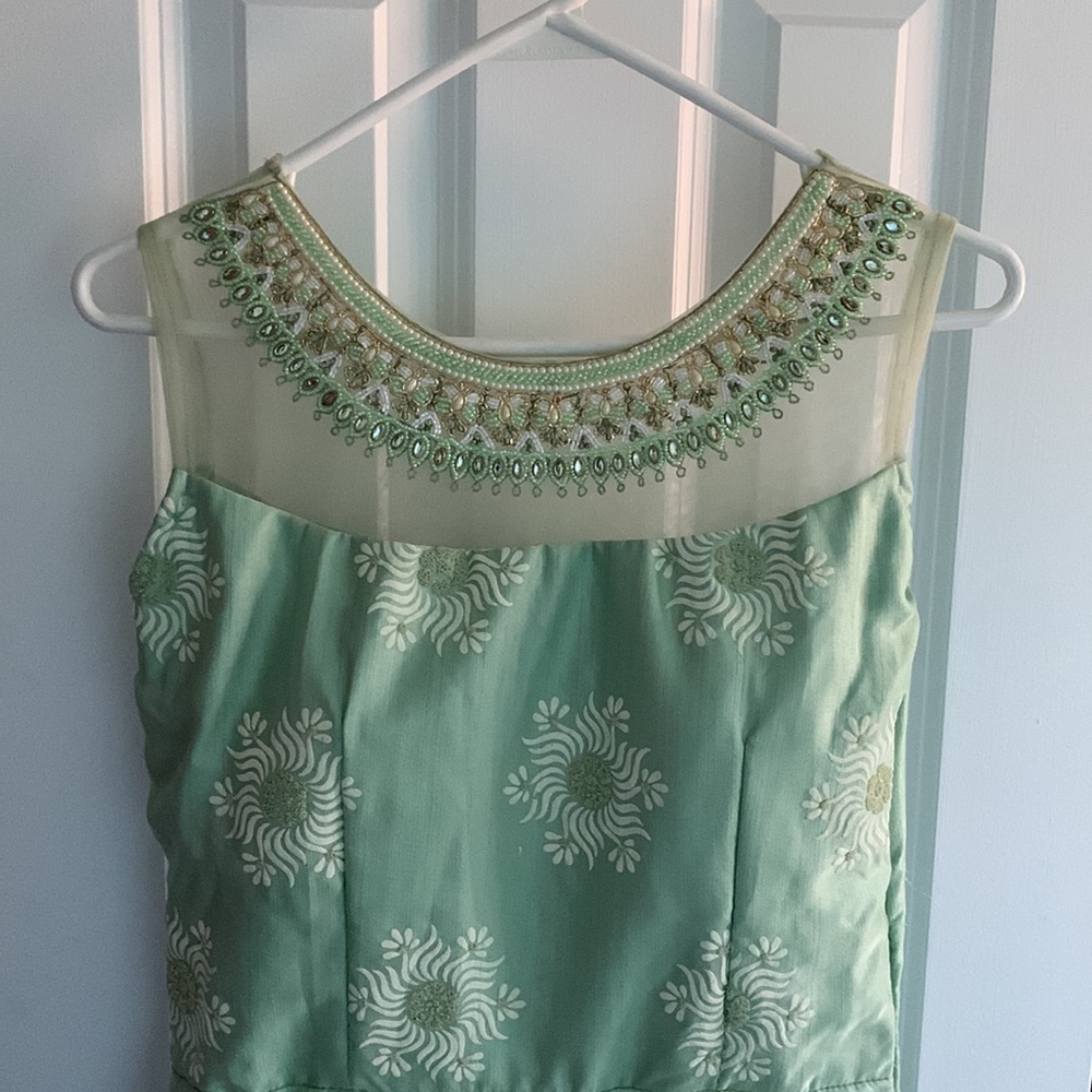 Designer Mint Green Women's Lehenga with Embellished Sheer Neckline